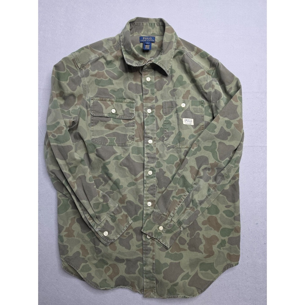 Polo Ralph Lauren Shirt Boys L (14-16)‎ Green Camouflage 100% Cotton Button-Up